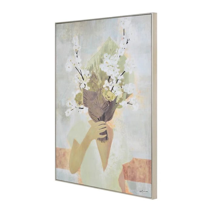Angled view of Renwil Casoria textured canvas art with slim champagne frame