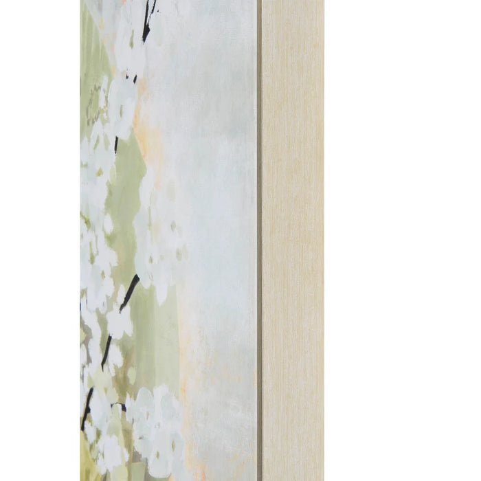 Close-up of the textured canvas and champagne frame on Renwil Casoria wall art
