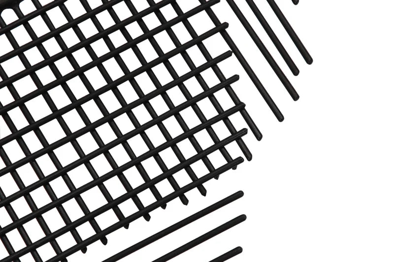 Close-up of the overlapping linear and grid details on Renwil Chanel black metal wall art