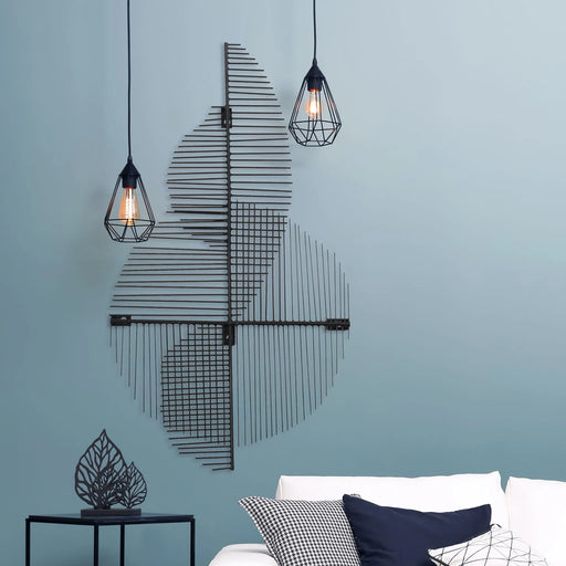 Renwil Chanel black geometric metal wall art displayed vertically in a contemporary bedroom