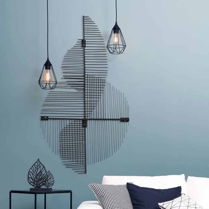 Renwil Chanel black geometric metal wall art displayed vertically in a contemporary bedroom