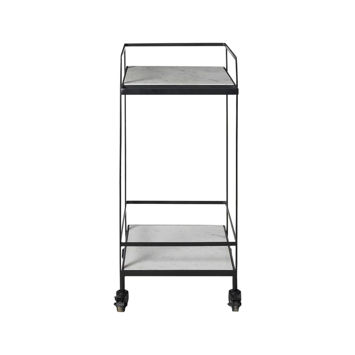 Side profile of Renwil Colton modern marble bar cart with caster wheels