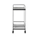 Side profile of Renwil Colton modern marble bar cart with caster wheels