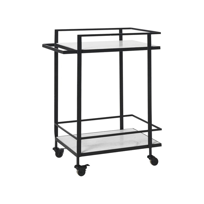 Angled view of Renwil Colton rolling marble bar cart with black frame