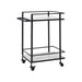 Angled view of Renwil Colton rolling marble bar cart with black frame