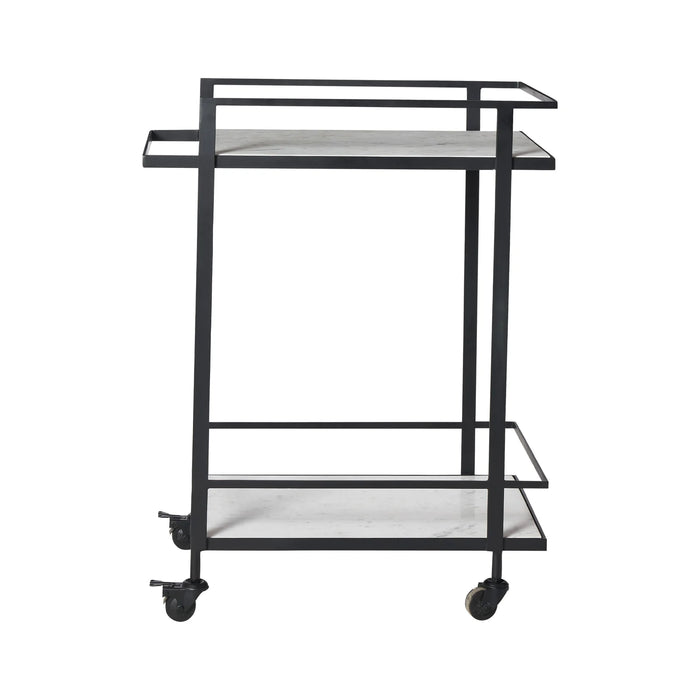 Renwil Colton marble bar cart with matte black iron frame front view