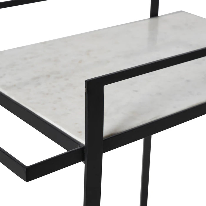 Close-up detail of white marble shelf edge on Renwil Colton bar cart