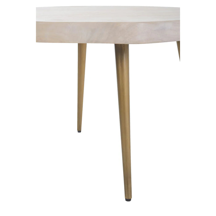 Side profile view of the Renwil Core round coffee table with brass-finished iron legs