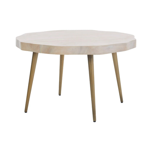 Renwil Core round coffee table with whitewashed acacia wood top and brass-finished legs