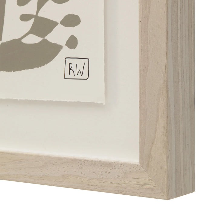 Close-up of the Renwil Cybel rag paper print and walnut wood veneer frame