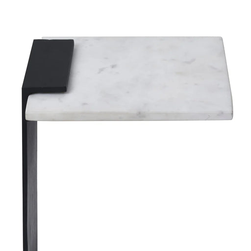 Close-up detail of Renwil Dorville natural white marble tabletop with matte black accent frame