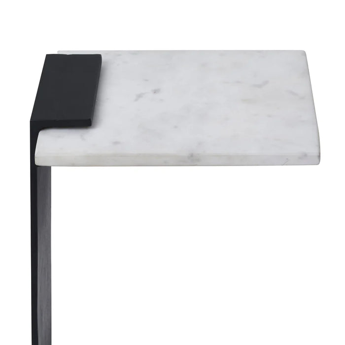 Close-up detail of Renwil Dorville natural white marble tabletop with matte black accent frame