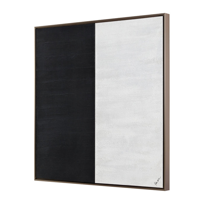 Angled view of Renwil Gobi hand-painted canvas art with an antique brass floating frame