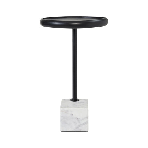 Renwil Hull accent table with black tray tabletop and white marble base full view
