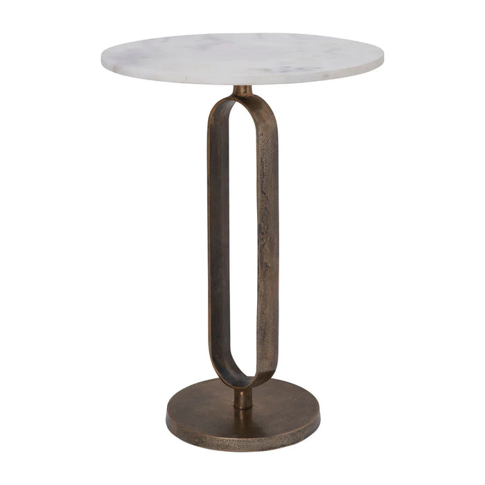 Angled view of large Renwil Irene marble side table with antique brass finish