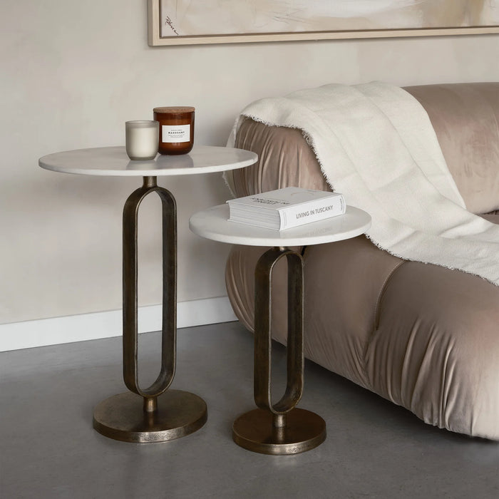 Renwil Irene marble nesting side tables styled beside a modern bed