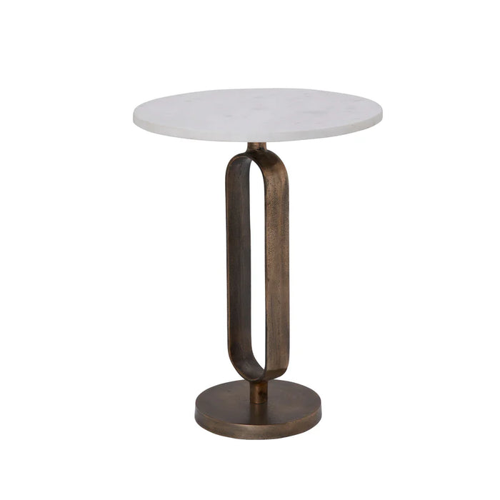Angled view of small Renwil Irene marble side table with antique brass base