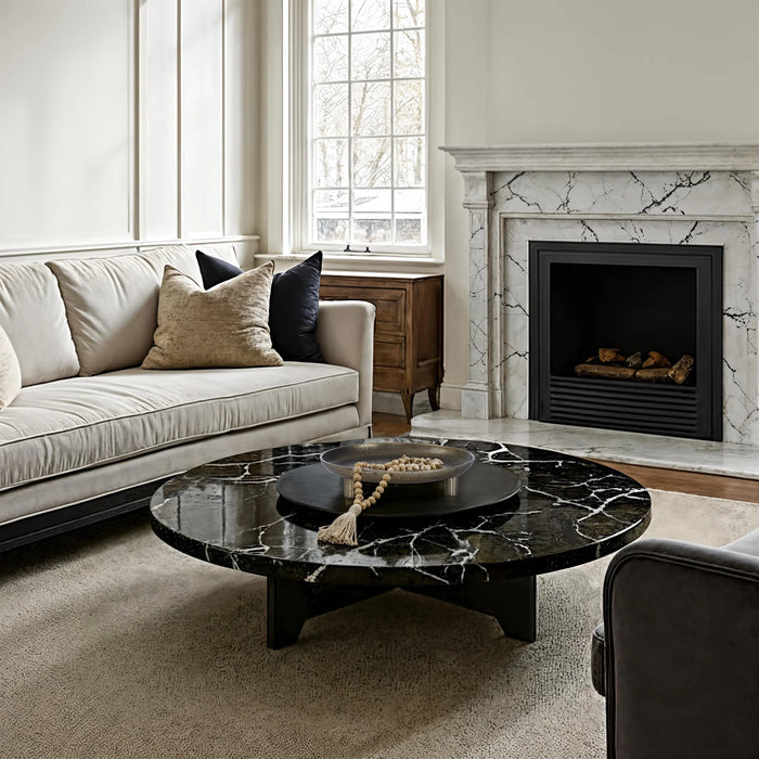 Renwil Kaleido antique brass tray styled on a modern living room coffee table