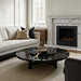 Renwil Kaleido antique brass tray styled on a modern living room coffee table