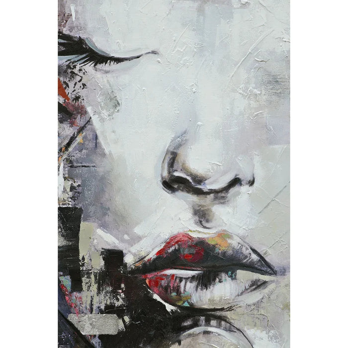Close-up of the expressive face, red lips and layered brushwork on Renwil Kyoto canvas art