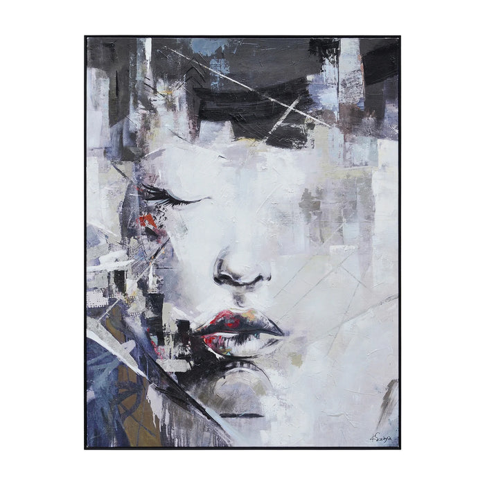 Renwil Kyoto OL2040 hand-painted abstract female portrait canvas art with silver leaf accents and a black frame