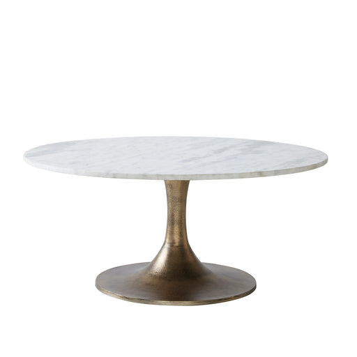 Renwil Lovisa round coffee table with natural white marble top and antique brass pedestal base