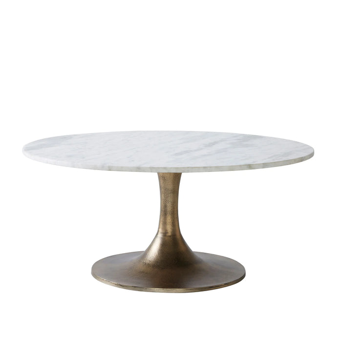 Renwil Lovisa round coffee table with natural white marble top and antique brass pedestal base