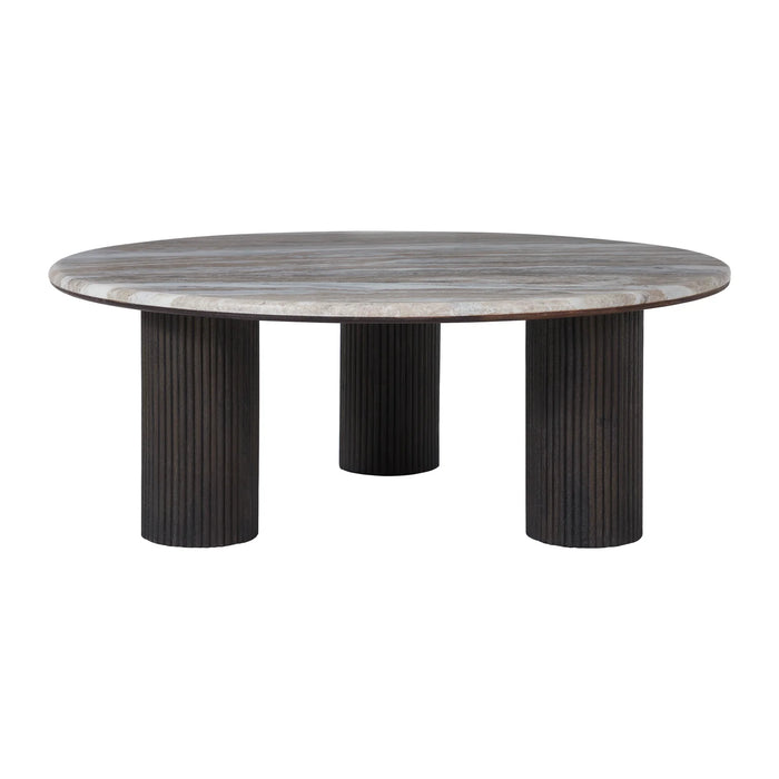Renwil Lucente round beige marble coffee table with three fluted dark walnut legs