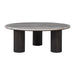 Renwil Lucente round beige marble coffee table with three fluted dark walnut legs