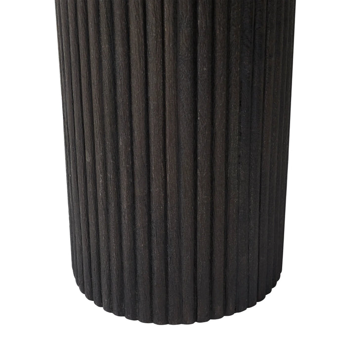 Close-up of the Lucente coffee table fluted mango wood leg in dark walnut