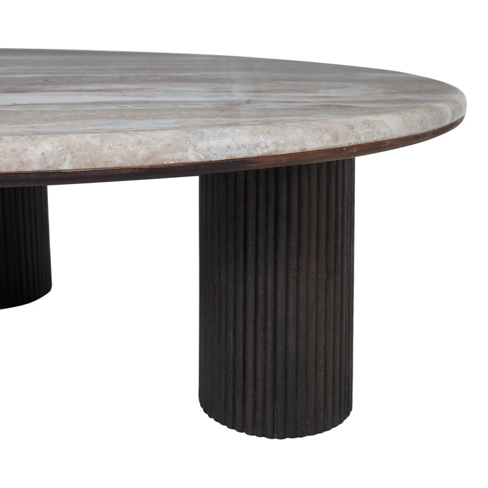 Side view of the Lucente marble coffee table with fluted mango wood legs