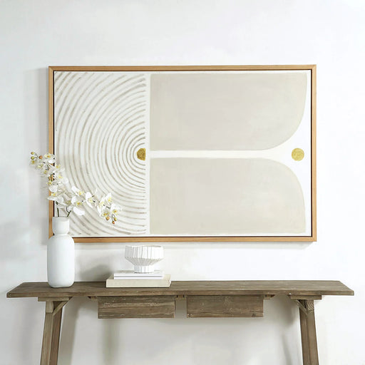Renwil Martia framed neutral canvas wall art displayed above a console table