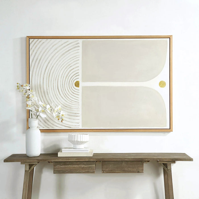 Renwil Martia framed neutral canvas wall art displayed above a console table