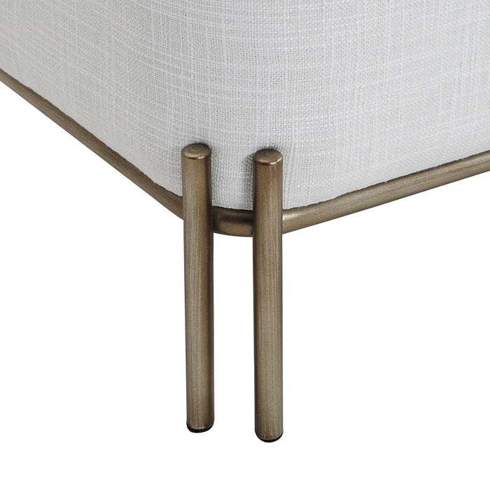 Close-up of the Meline bench dark antique brushed brass iron base