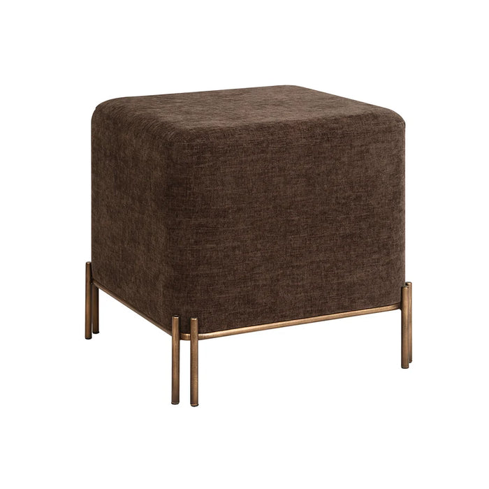 Angled view of Renwil Meline brown linen accent stool with painted brass base