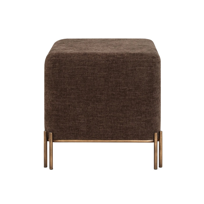 Front view of Renwil Meline brown linen accent stool with brass-finished base