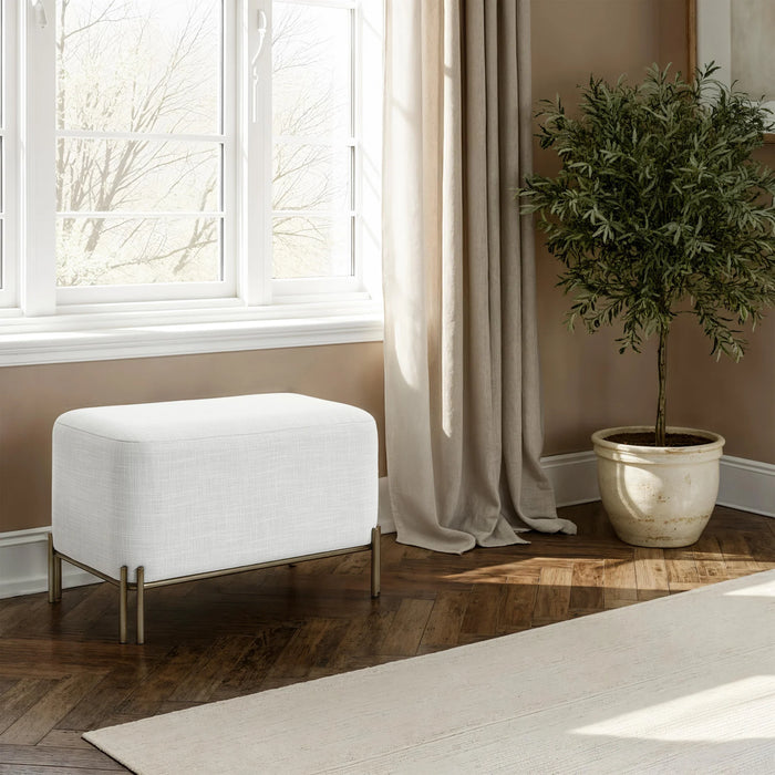 Renwil Meline ivory upholstered bench styled beside a window