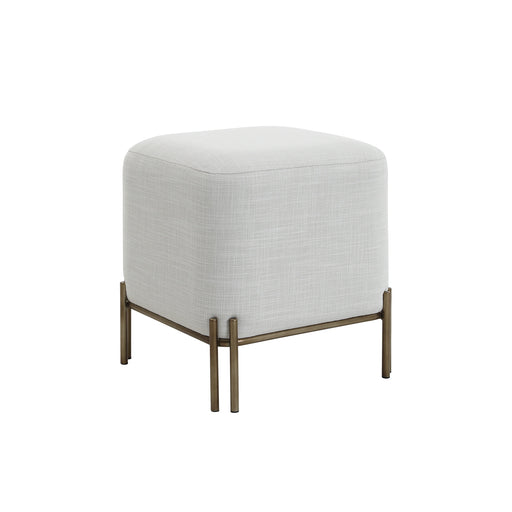 Angled view of Renwil Meline ivory cotton tweed accent stool with antique brass base