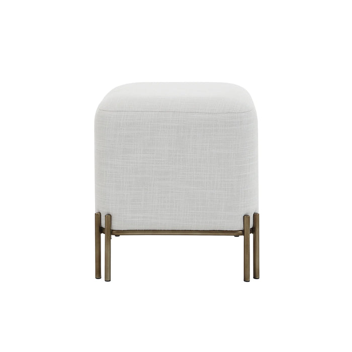 Front view of Renwil Meline ivory cotton tweed accent stool with antique brass base