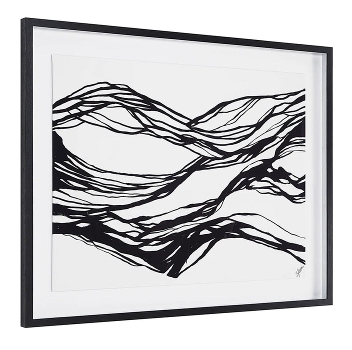 Angled view of Renwil Mica abstract printed wall art under glass