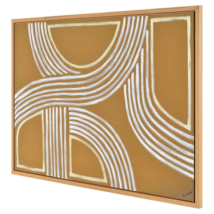 Angled view of Renwil Milestone hand-painted geometric canvas art with white oak veneer frame