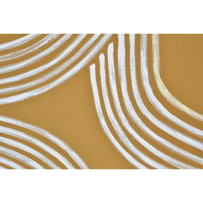 Close-up of the hand-painted white curved lines on the gold Milestone canvas