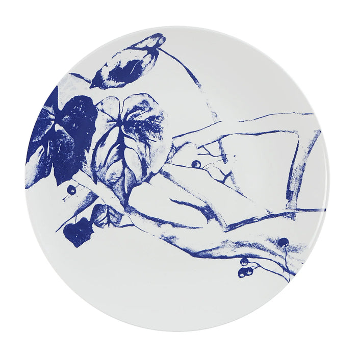 Large Renwil Narine porcelain wall plate featuring a blue figurative botanical illustration