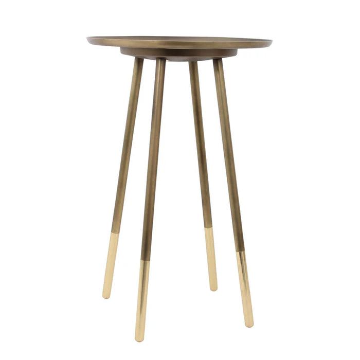 Side profile of Renwil Pawn modern iron accent table in antique and polished brass finish