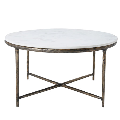 Renwil Pearse round coffee table with white marble-look top and antique brass frame