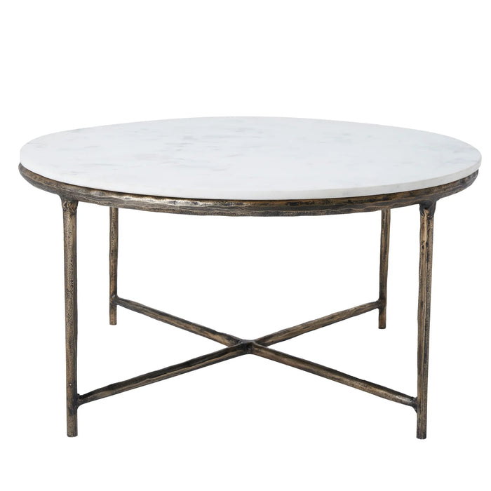 Renwil Pearse round coffee table with white marble-look top and antique brass frame