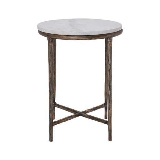 Renwil Pearson round marble accent table with antique brass frame front view