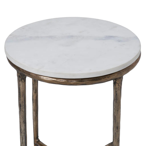 Top angle view of Renwil Pearson marble accent side table with antique brass base