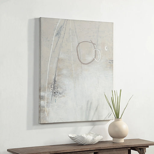 Renwil Pinceau neutral abstract canvas art displayed vertically above a contemporary console table