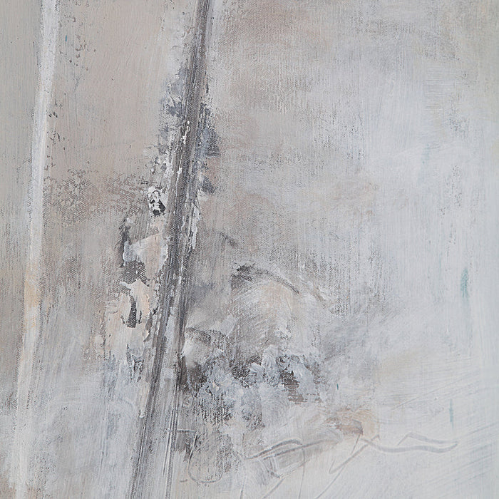 Close-up of the grey, beige and charcoal textured brushwork on Renwil Pinceau abstract canvas art